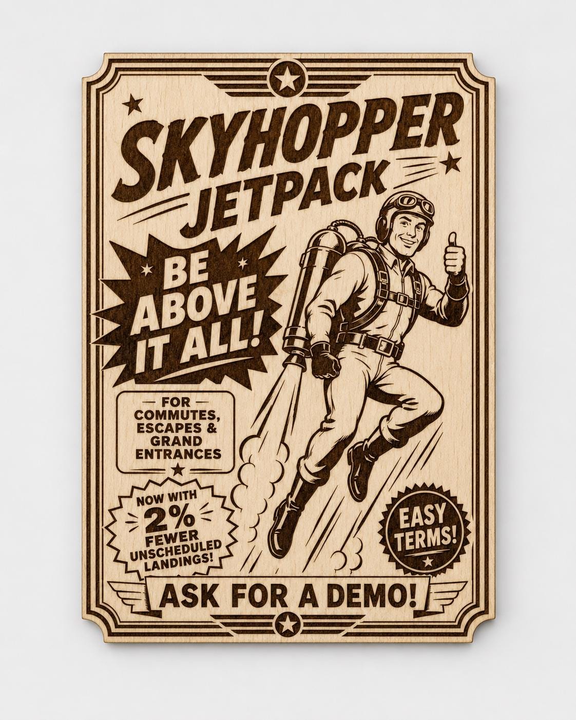 Retro Jetpack Wall Art, Vintage Sci Fi Adventure Birch Wood Sign, Funny Aviation Decor, Desk or Wall Display, shown in the main close-up listing view with its overall design visible.