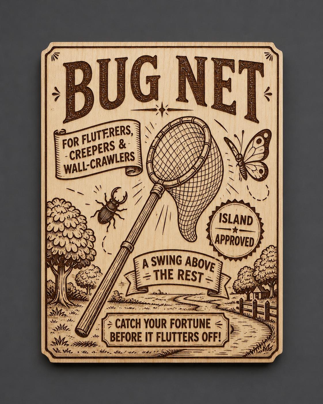 Bug Net Wood Wall Sign, Vintage Bug Catching Decor, Island Inspired Game Room Plaque, Nature Gamer Gift, shown in the main close-up listing view with its overall design visible.