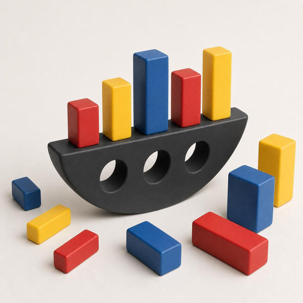Arcade Pop ArcTumble gravity stack game with a charcoal rocker and twelve red, yellow, and blue blocks on a warm neutral background