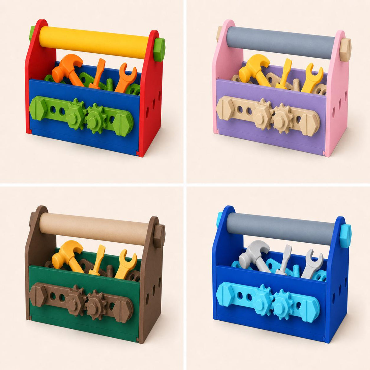 Four Little Builder toolbox colorways with Orange, Sunflower Yellow, Gold, and Silver three-tool sets.