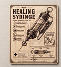 Vintage Healing Syringe Wood Sign, Retro Survival Game Inspired Medical Ad Wall Art, Birch Gamer Decor with Stand, shown in the main close-up listing view with its overall design visible.