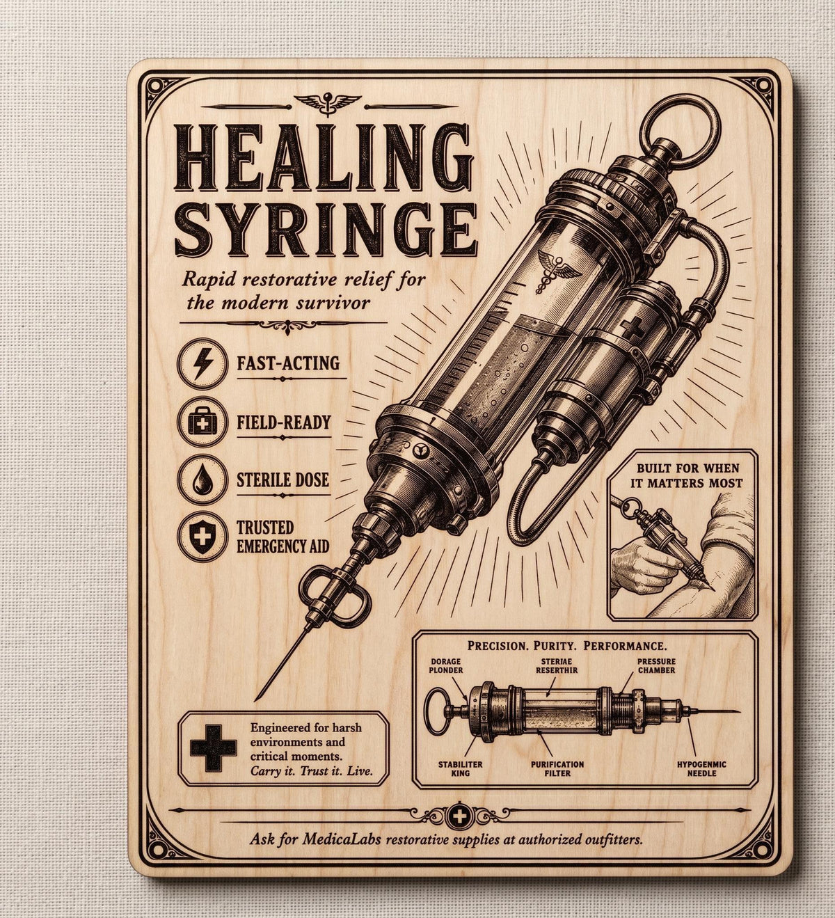 Vintage Healing Syringe Wood Sign, Retro Survival Game Inspired Medical Ad Wall Art, Birch Gamer Decor with Stand, shown in the main close-up listing view with its overall design visible.