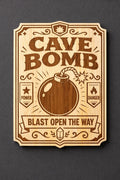 Cave Bomb Engraved Birch Sign, Retro Gamer Wall Decor, Fantasy Adventure Room Art, Shelf or Wall Display, shown in the main close-up listing view with its overall design visible.