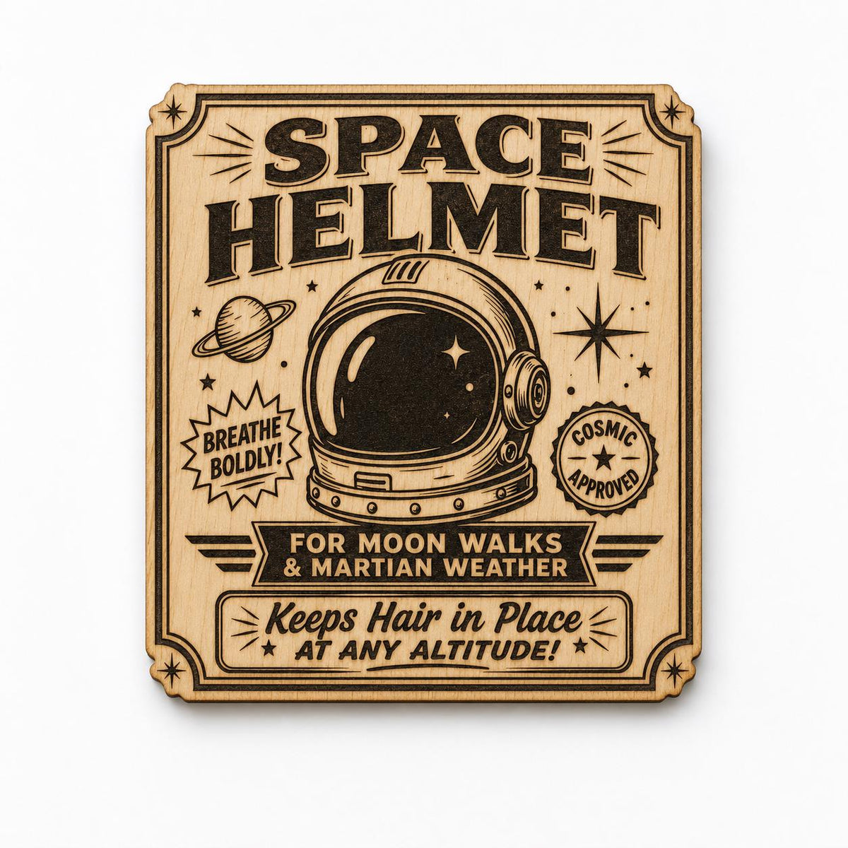 Retro Space Helmet Wood Sign, Birch Space Wall Decor, Astronaut Helmet Desk Plaque, Sci Fi Room Gift, shown in the main close-up listing view with its overall design visible.