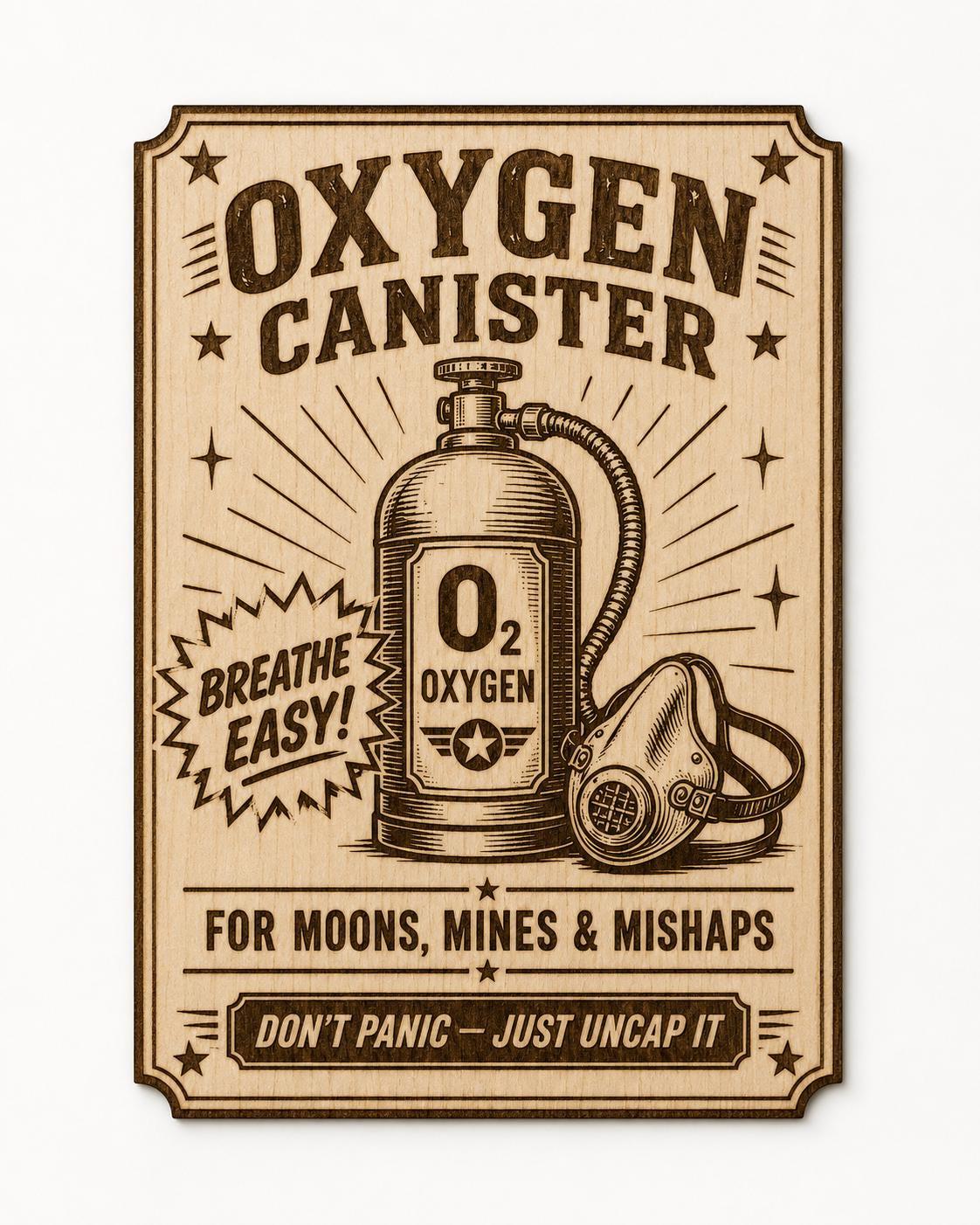 Retro Oxygen Canister Wood Sign, Space Mining Wall Decor, Vintage Sci Fi Game Room Plaque, Birch Desk Shelf Art, shown in the main close-up listing view with its overall design visible.