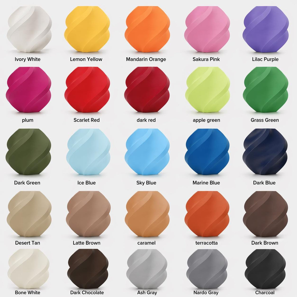 Complete labeled matte color swatch showing all 25 available color options.