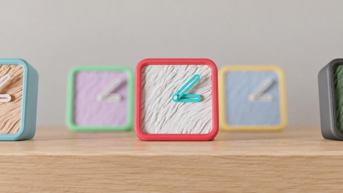 Meadowgrain Textured Desk Clock green textured face and dark frame in a close source-referenced view on oak.
