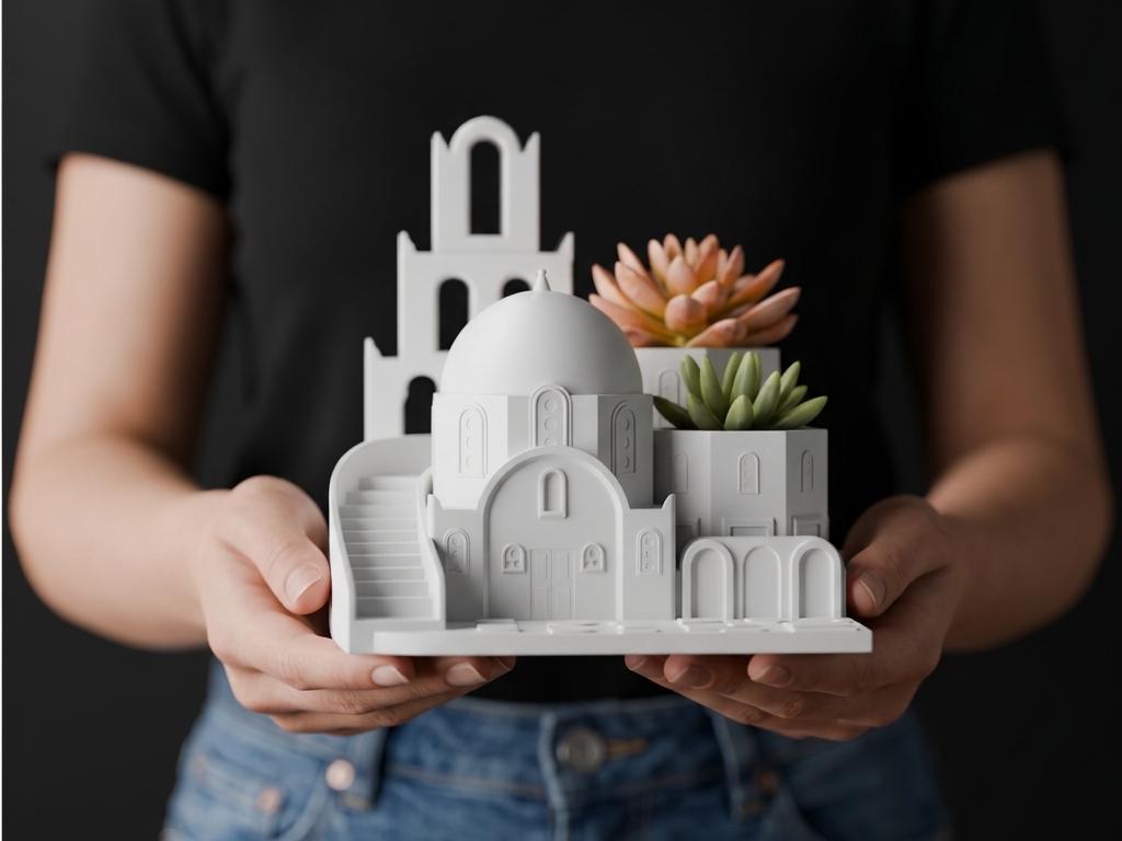 White coastal village planter with dome, stairs and two staged succulents, held in two hands.