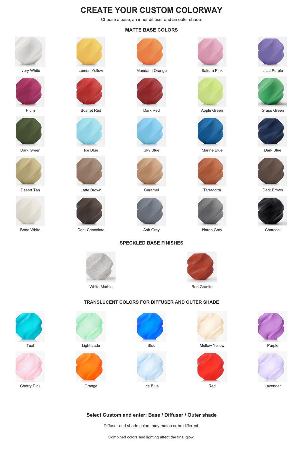Custom Orelune guide with 25 matte and two speckled base finishes, plus 10 translucent colors to select separately for the inner diffuser and outer shade.