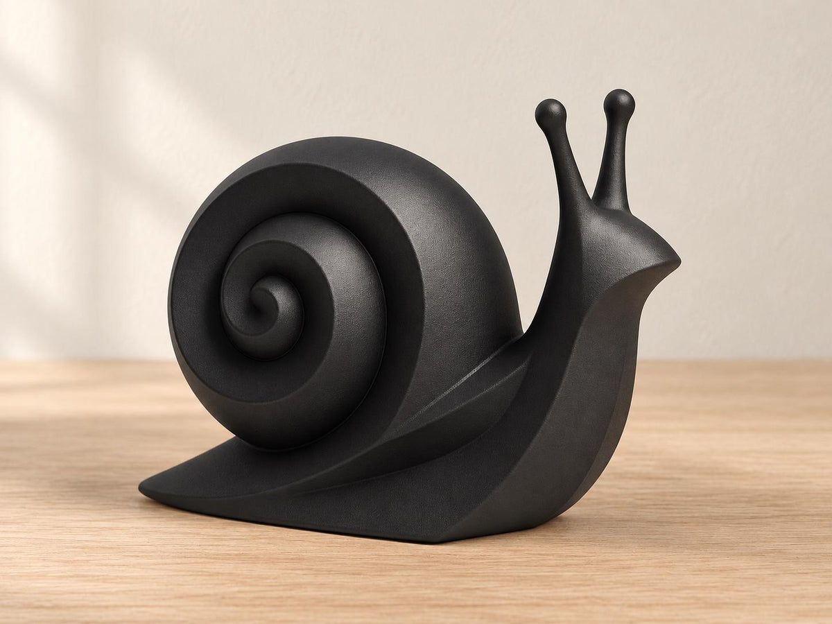 Charcoal snail sculpture, close-up main three-quarter view on pale oak against an ivory wall.