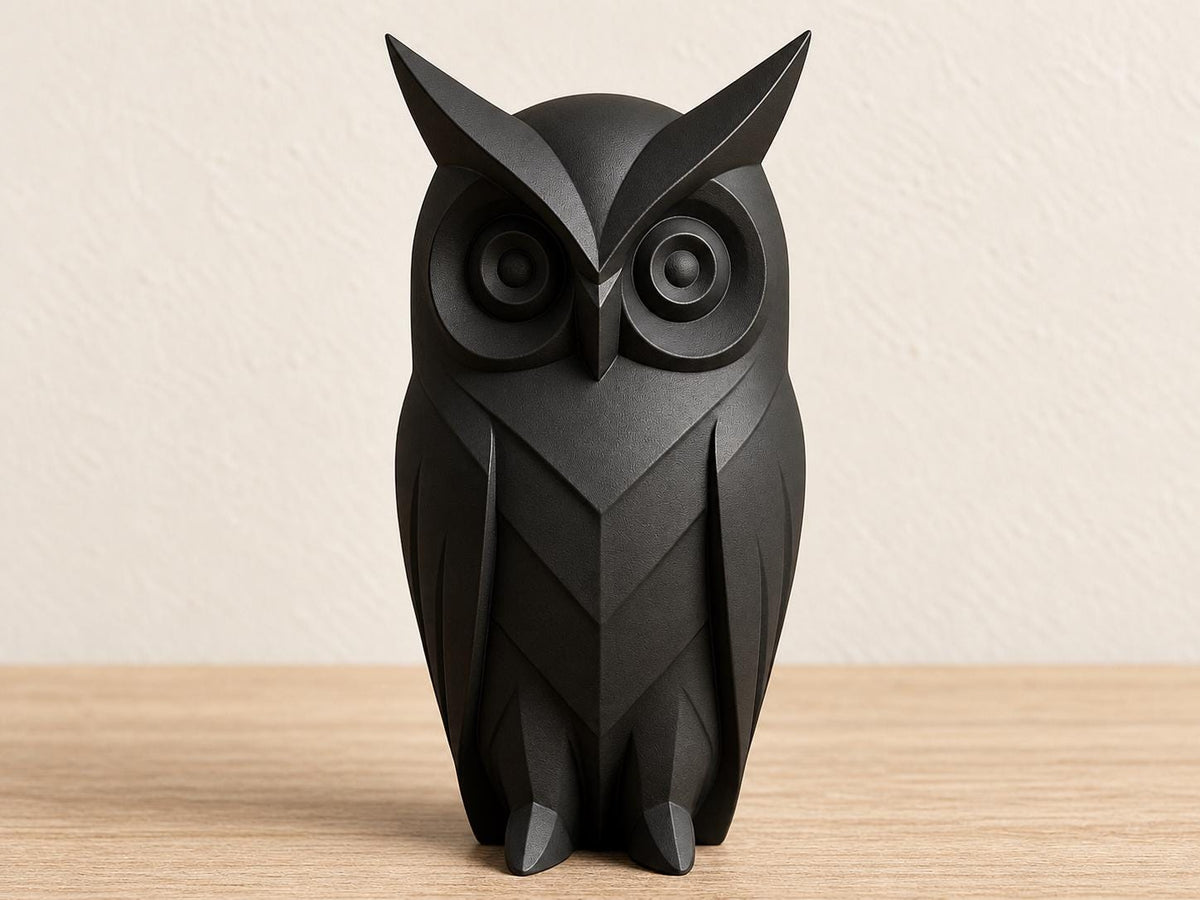 Charcoal owl sculpture, close-up front view on pale oak against an ivory wall.