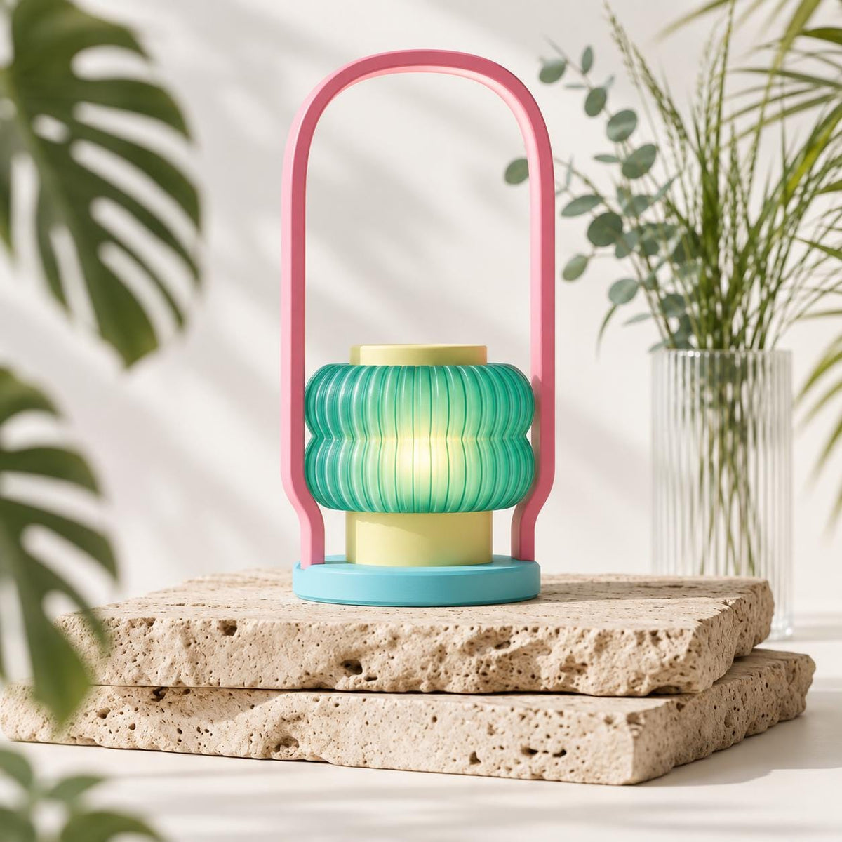 Coral Cove lantern standing on travertine slabs, with a teal ribbed shade and pink handle in a sunlit room with greenery.