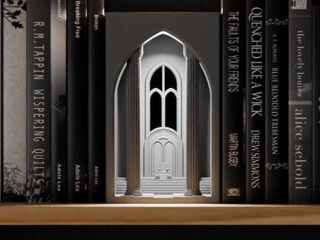 Stonecrown Hall Book Nook in a light neutral color, shown from the front between books on a wooden shelf.