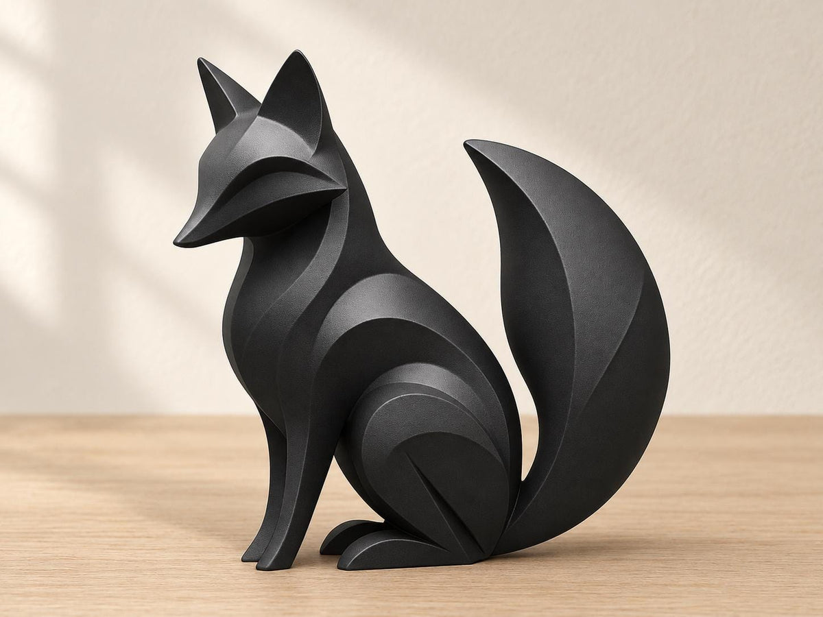 Charcoal fox sculpture, close-up main three-quarter view on pale oak against an ivory wall.