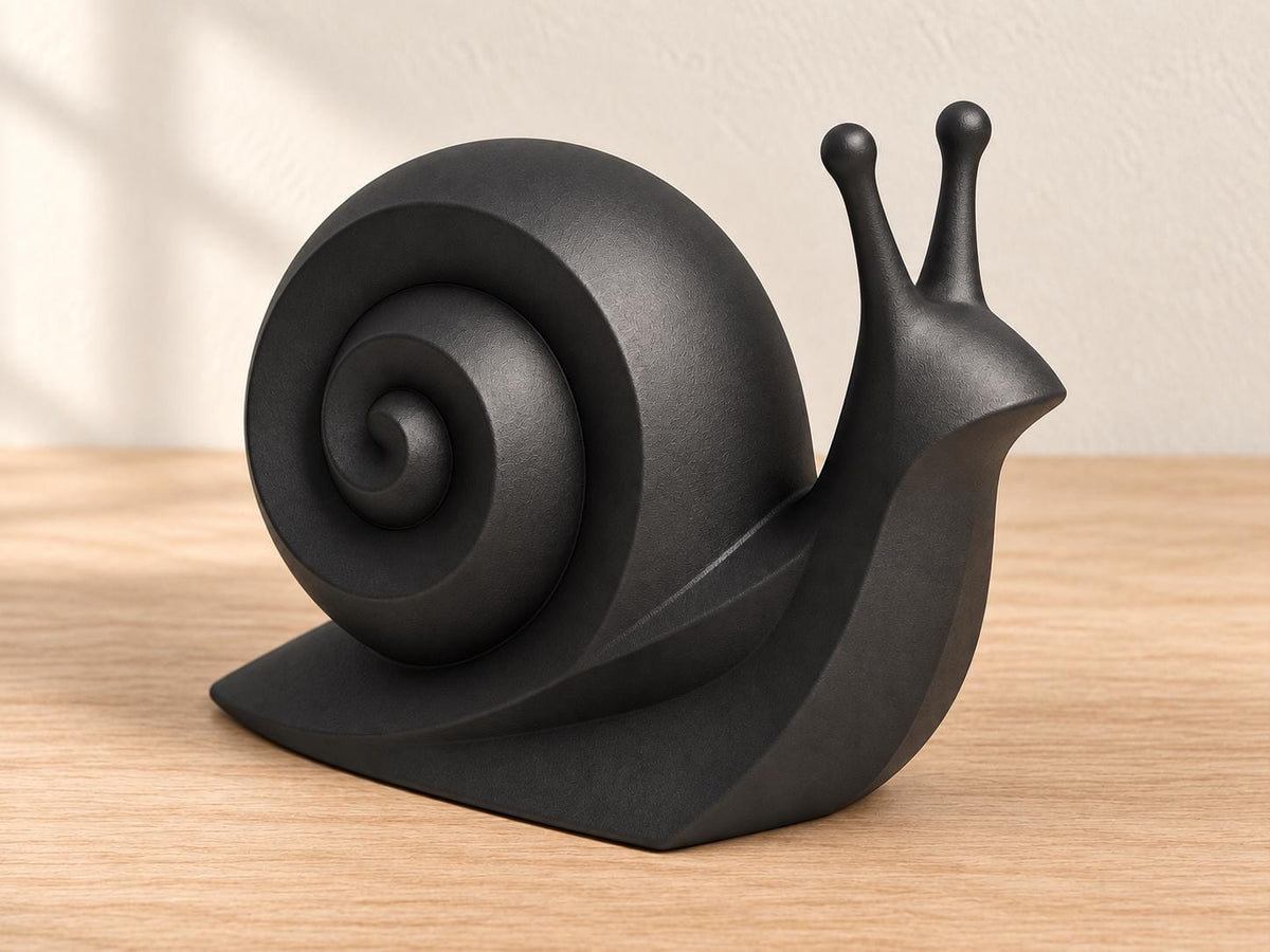 Charcoal snail sculpture, close-up alternate camera angle on pale oak against an ivory wall.