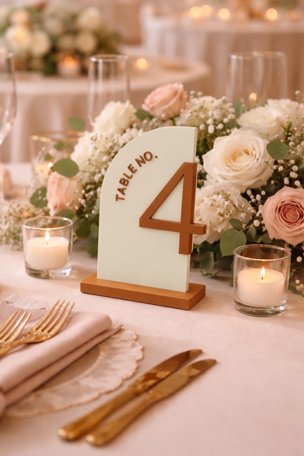 Bone White half-arch Table No. 4 sign with Caramel raised number, lettering, and base on a wedding table with flowers and candles.