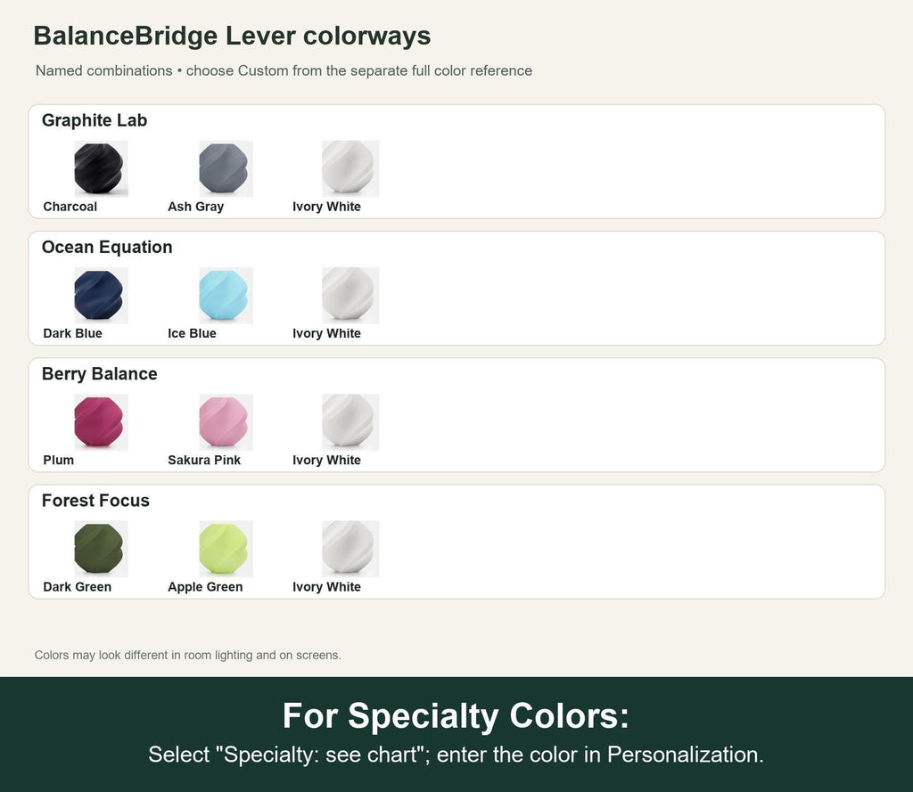 Named colorway swatch showing each option. For Specialty Colors: Select "Specialty: see chart"; enter the color in Personalization.