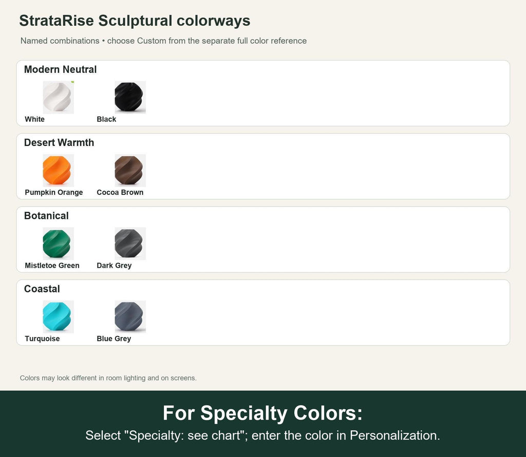 Named colorway swatch showing each option. For Specialty Colors: Select "Specialty: see chart"; enter the color in Personalization.