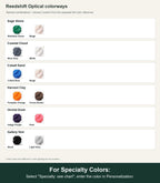 Named colorway swatch showing each option. For Specialty Colors: Select "Specialty: see chart"; enter the color in Personalization.