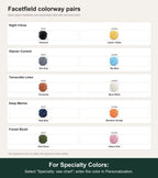 Named colorway swatch showing each option. For Specialty Colors: Select "Specialty: see chart"; enter the color in Personalization.