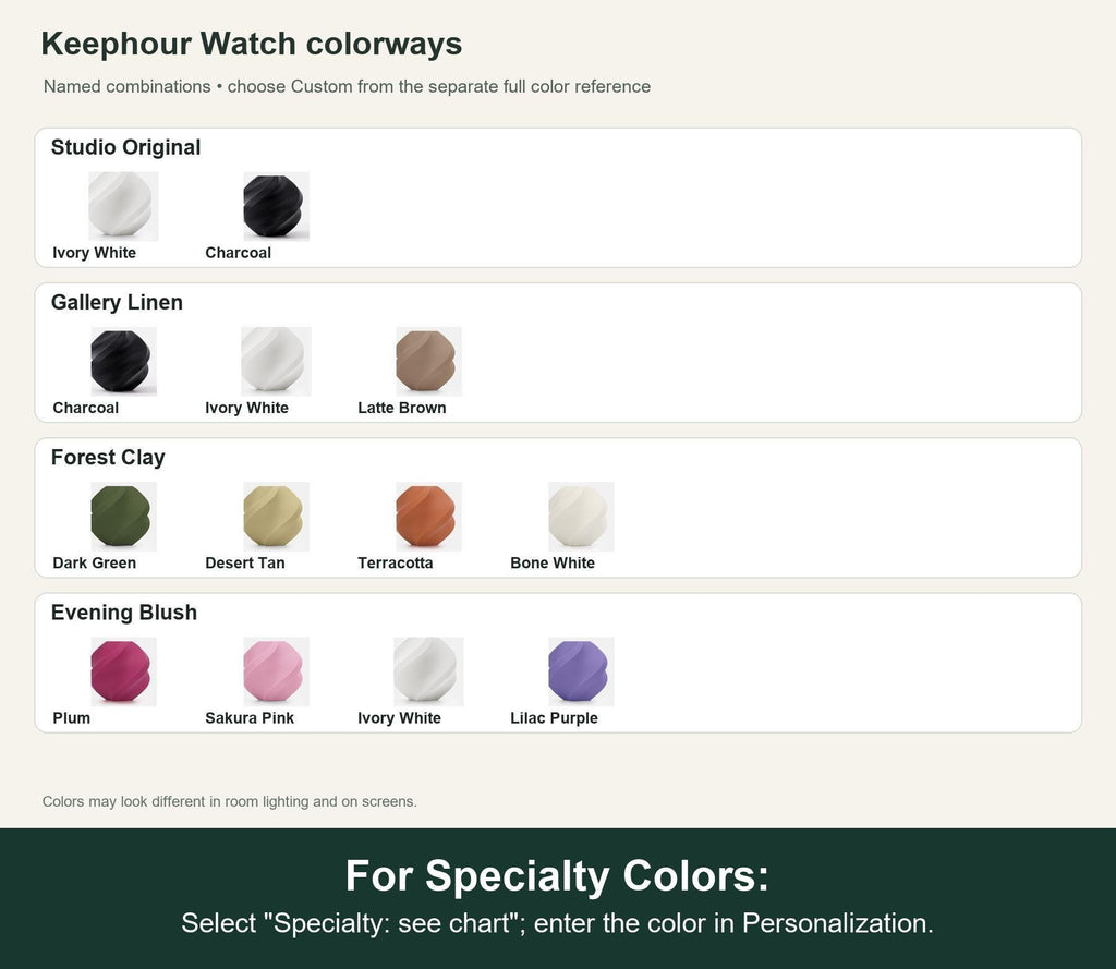 Named colorway swatch showing each option. For Specialty Colors: Select "Specialty: see chart"; enter the color in Personalization.