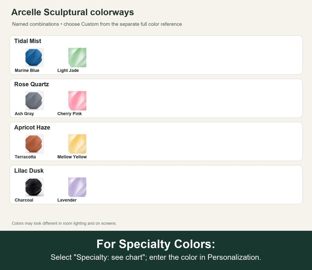 Named colorway swatch showing each option. For Specialty Colors: Select "Specialty: see chart"; enter the color in Personalization.