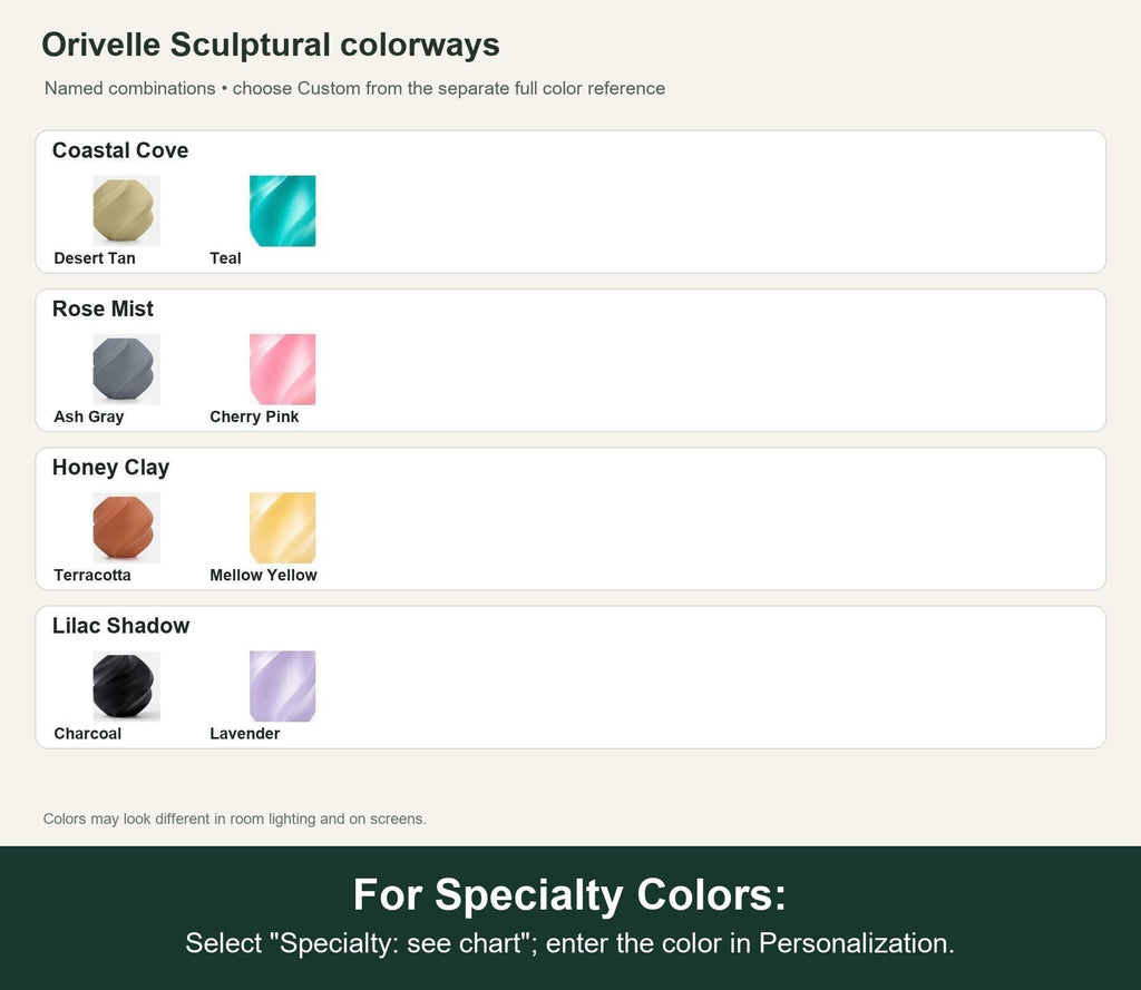Named colorway swatch showing each option. For Specialty Colors: Select "Specialty: see chart"; enter the color in Personalization.