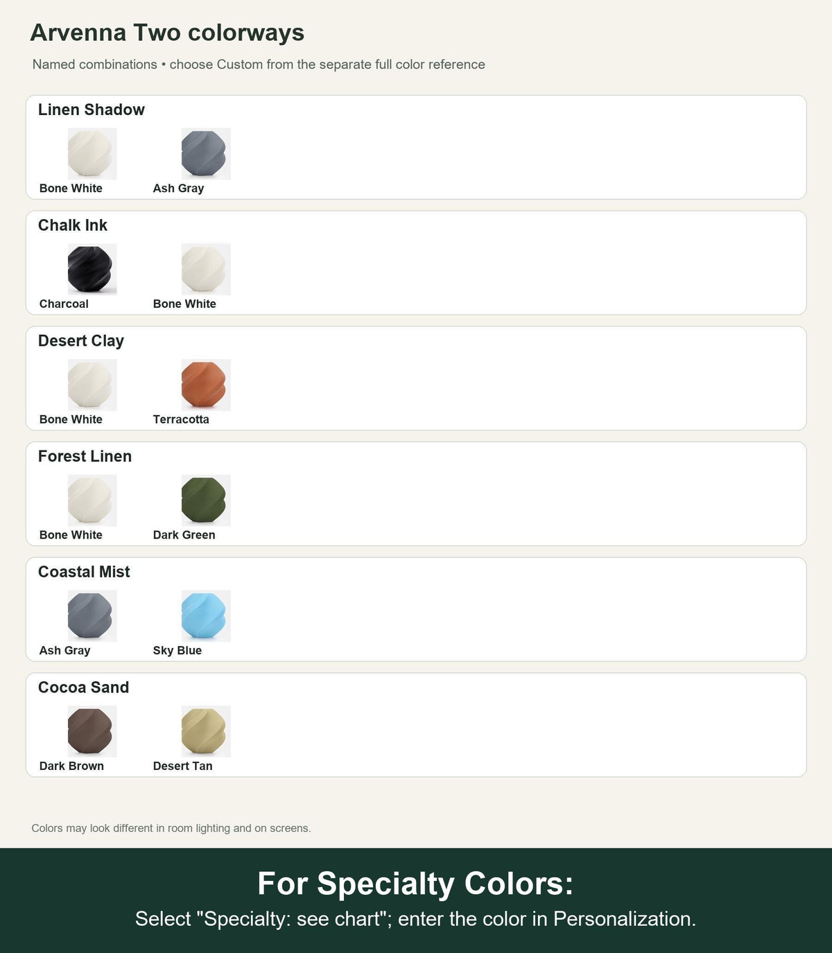 Named colorway swatch for Arvenna Two Tone Ribbed, showing the exact colors in every listed combination. The separate full color reference shows Custom choices. For Specialty Colors: Select "Specialty: see chart"; enter the color in Personalization.