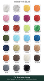 Full labeled color guide with White Marble and Red Granite among 27 color options. For Specialty Colors: Select "Specialty: see chart"; enter the color in Personalization.