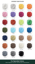 Full labeled color guide with White Marble and Red Granite among 27 color options. For Specialty Colors: Select "Specialty: see chart"; enter the color in Personalization.