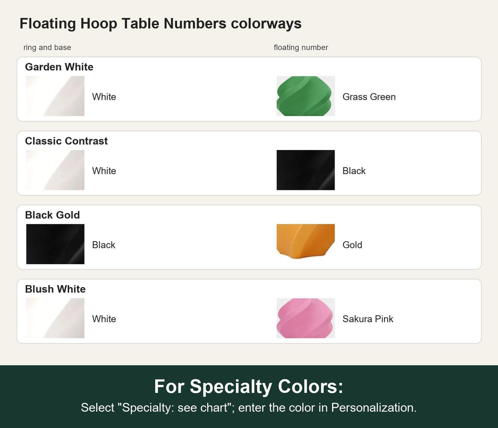 Named colorway swatch showing each option. For Specialty Colors: Select "Specialty: see chart"; enter the color in Personalization.