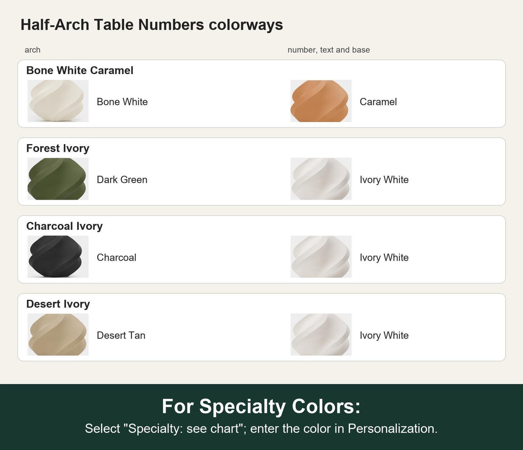 Named colorway swatch showing Bone White Caramel, Forest Ivory, Charcoal Ivory, and Desert Ivory with their exact component colors. For Specialty Colors: Select "Specialty: see chart"; enter the color in Personalization.
