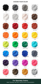Full labeled color guide with White Marble and Red Granite among 32 color options. For Specialty Colors: Select "Specialty: see chart"; enter the color in Personalization.
