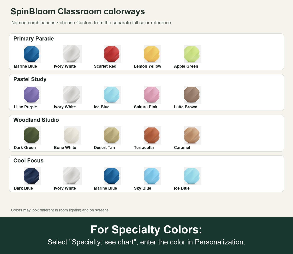 Named colorway swatch showing each listed combination. For Specialty Colors: Select "Specialty: see chart"; enter the color in Personalization.