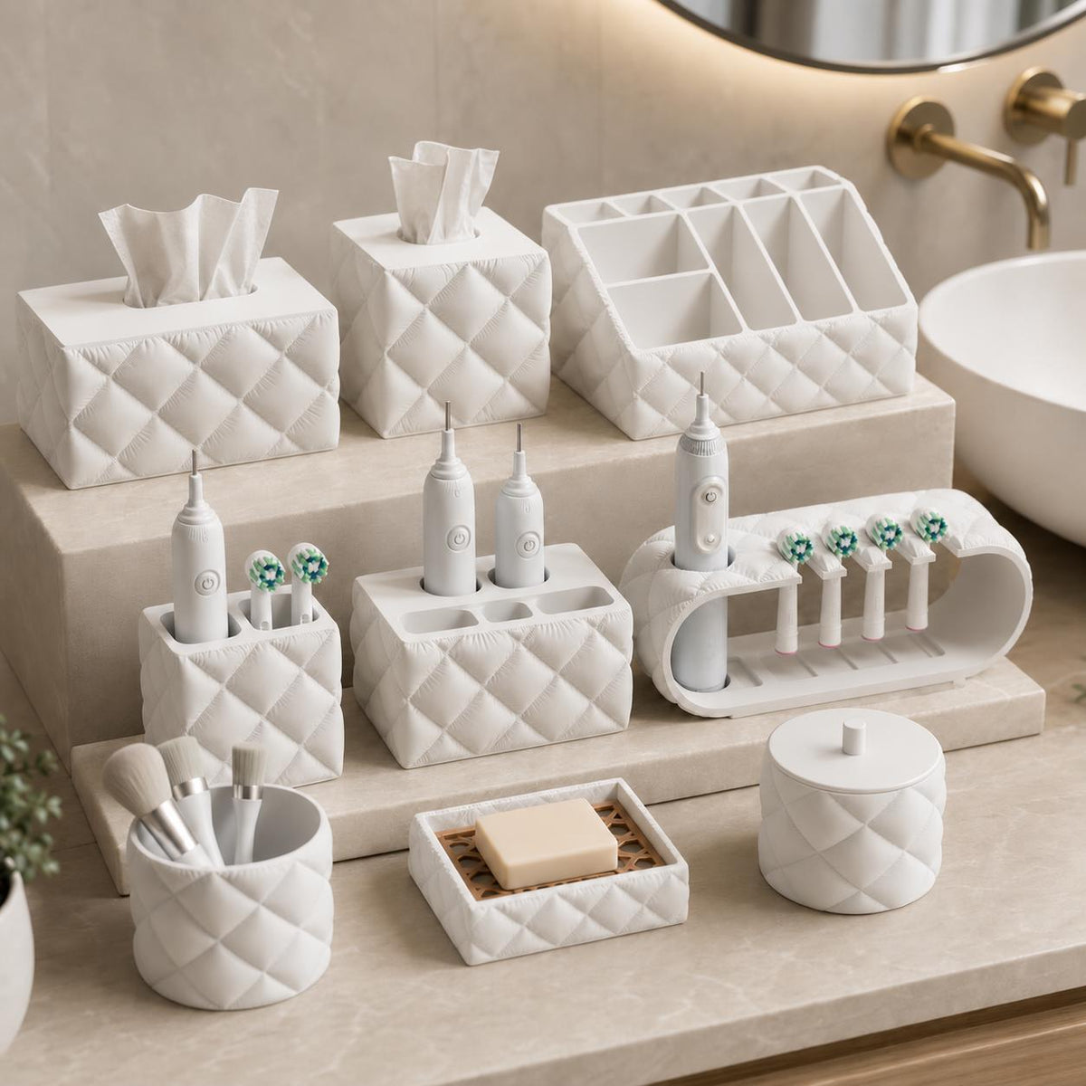 Tiered FacetCloud bathroom organizer collection on a neutral vanity, including an ivory cotton jar with a matching matte lid