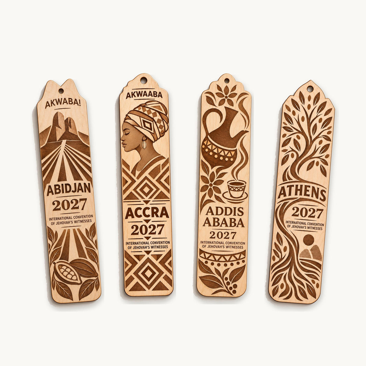 Front views of Abidjan, Accra, Addis Ababa, and Athens birch convention bookmarks on an off-white background.