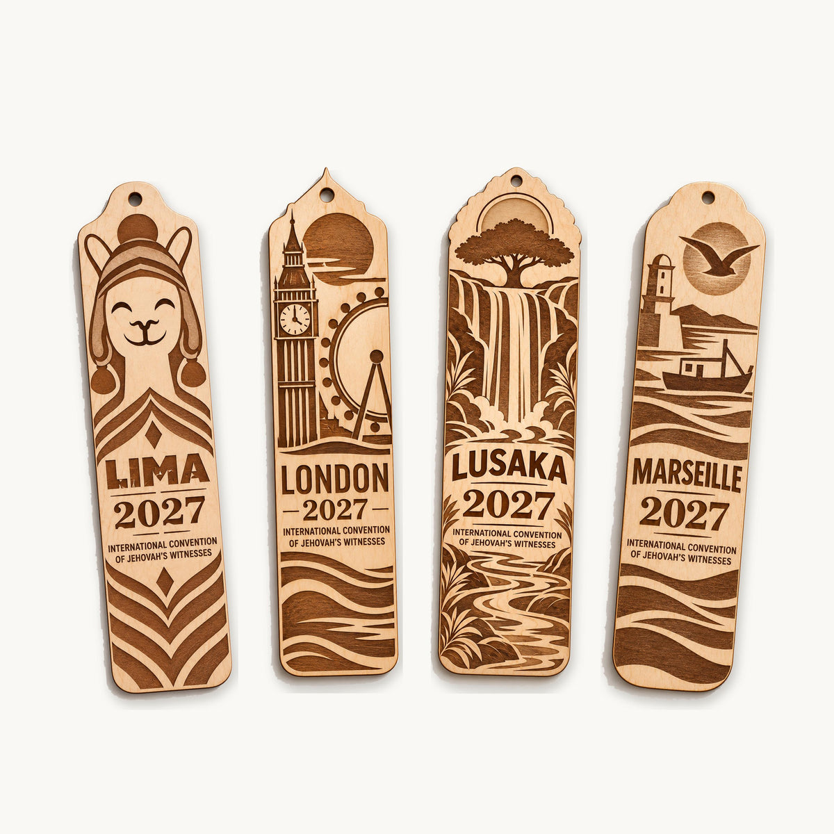 Front views of Lima, London, Lusaka, and Marseille birch convention bookmarks on an off-white background.