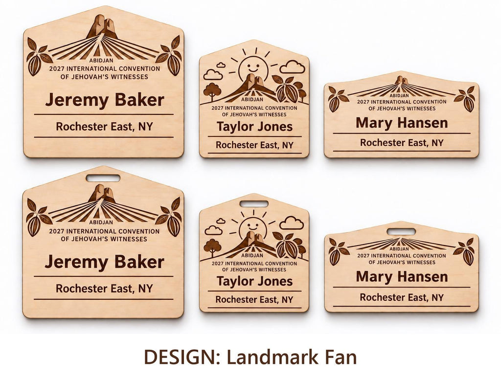 Abidjan Landmark Fan design options on white: standard, kids, and mini engraved birch badges shown with plain fronts and lanyard-slot fronts, labeled by design name.