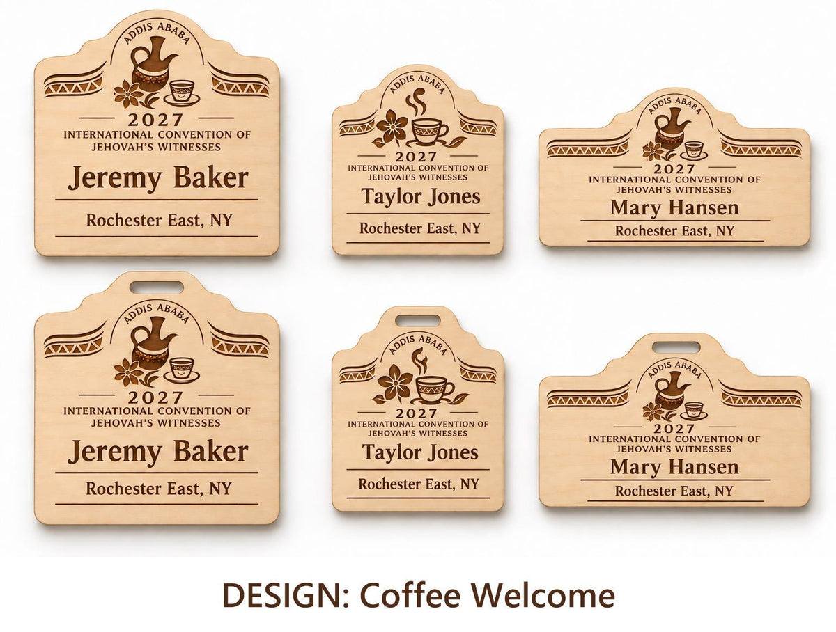 Addis Ababa Coffee Welcome design options on white: standard, kids, and mini engraved birch badges shown with plain fronts and lanyard-slot fronts, labeled by design name.