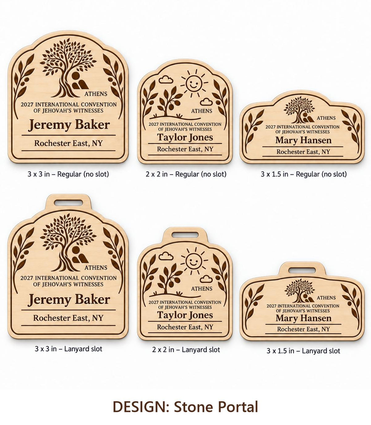 Athens Stone Portal design options on white: standard, kids, and mini engraved birch badges shown with plain fronts and lanyard-slot fronts, labeled by design name.