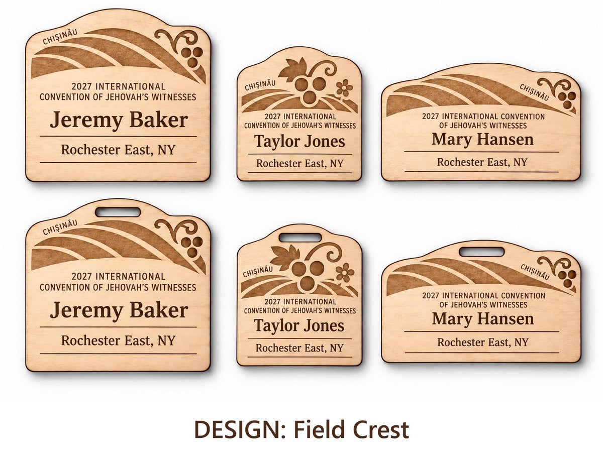 Chișinău Field Crest design options on white: standard, kids, and mini engraved birch badges shown with plain fronts and lanyard-slot fronts, labeled by design name.
