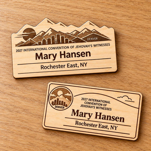 Two Denver mini natural-birch engraved badge designs, slot-free and laid separately on a light oak tabletop; each shows sample personalization.
