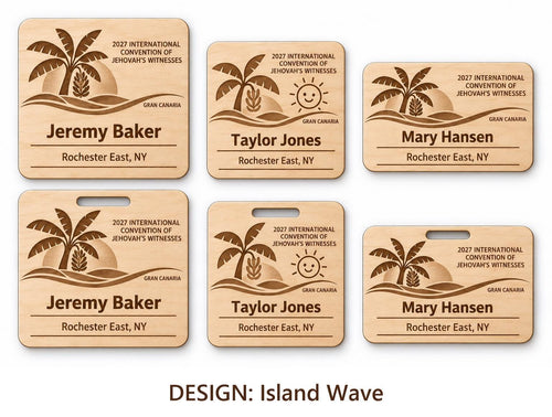 Gran Canaria Island Wave design options on white: standard, kids, and mini engraved birch badges shown with plain fronts and lanyard-slot fronts, labeled by design name.