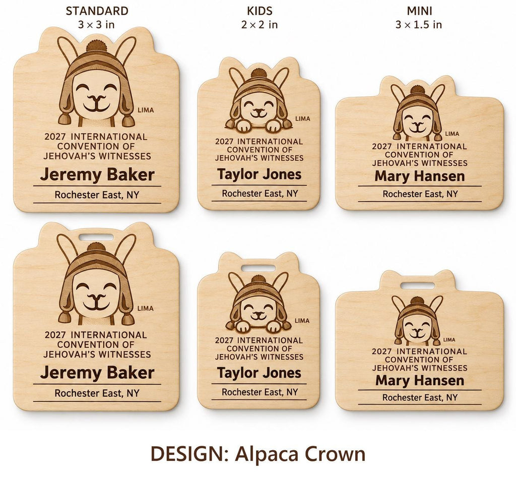 Lima Alpaca Crown design options on white: standard, kids, and mini engraved birch badges shown with plain fronts and lanyard-slot fronts, labeled by design name.