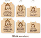 Lima Alpaca Crown design options on white: standard, kids, and mini engraved birch badges shown with plain fronts and lanyard-slot fronts, labeled by design name.