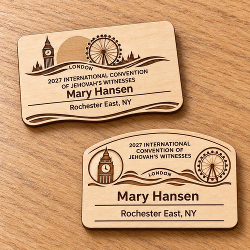 Two London mini natural-birch engraved badge designs, slot-free and laid separately on a light oak tabletop; each shows sample personalization.