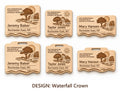 Lusaka Waterfall Crown design options on white: standard, kids, and mini engraved birch badges shown with plain fronts and lanyard-slot fronts, labeled by design name.