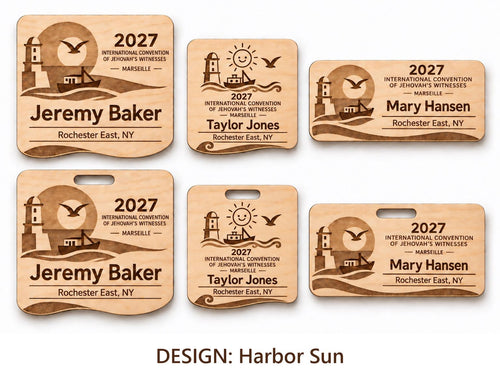 Marseille Harbor Sun design options on white: standard, kids, and mini engraved birch badges shown with plain fronts and lanyard-slot fronts, labeled by design name.