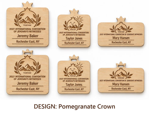 Yerevan Pomegranate Crown design options on white: standard, kids, and mini engraved birch badges shown with plain fronts and lanyard-slot fronts, labeled by design name.