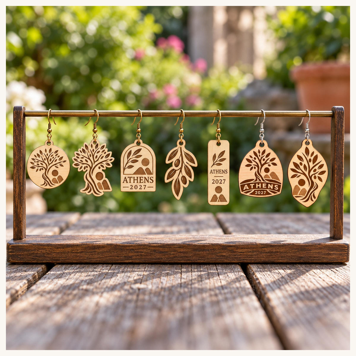 One earring from each selected Athens 2027 birch design on a wooden display stand outdoors.